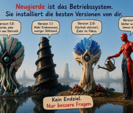 Drei fremdartige Monumente und eine geflügelte rote Gestalt stehen in einer weiten Wasserlandschaft. Ihre Sprechblasen beschreiben die Entwicklung von „Version 1.0: Solide, aber noch aus Steinzeit“ über mehr Bewegung und Klarheit bis zu „Version ∞: Weiter wachsen. Immer bereit.“ Die rote Gestalt gießt eines der steinernen Gebilde mit einer Gießkanne. Darüber steht: „Neugierde ist das Betriebssystem. Sie installiert die besten Versionen von dir.“ Das Fazit lautet: „Kein Endziel. Nur bessere Fragen.“