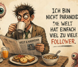 Ein nervös wirkender Mann trinkt Kaffee und liest die Zeitung „Welt & Wahnsinn“. Von beiden Seiten beobachten ihn schleimige Tentakelwesen mit riesigen Augen. Der Bildtext lautet: „Ich bin nicht paranoid. Die Welt hat einfach viel zu viele Follower.“ Die Szene verbindet Verfolgungswahn und die Sprache sozialer Netzwerke zu einem düsteren Wortspiel.