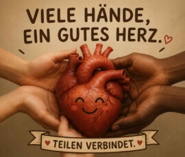 Vier Hände mit unterschiedlichen Hautfarben halten gemeinsam ein anatomisch geformtes Herz. Das Herz trägt ein freundlich lächelndes Gesicht mit rosigen Wangen. Die schlichte Darstellung verbindet körperliche Wirklichkeit mit einer warmen, spielerischen Aussage. Darüber steht: „Viele Hände, ein gutes Herz.“ Darunter lautet die Botschaft: „Teilen verbindet.“