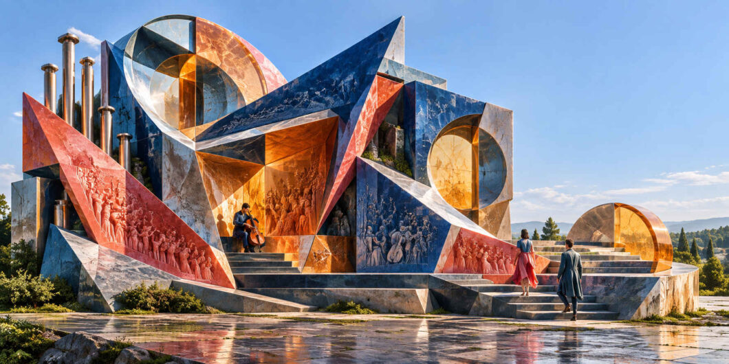 Monumentale abstrakte Architektur aus roten, blauen, weißen und goldenen geometrischen Körpern, deren Flächen mit reliefartigen Menschengruppen bedeckt sind. Im Zentrum sitzt ein Cellist in einer warm leuchtenden Öffnung und spielt vor den dargestellten Menschenmengen. Zwei Personen steigen von rechts über breite Stufen auf das Bauwerk zu. Runde und dreieckige Formen durchdringen die gesamte Konstruktion unter einem klaren blauen Himmel.