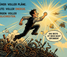 Ein Mann springt voller Tatendrang von einem Berg aus Zahnrädern und Maschinen in Richtung eines strahlenden Lichtes. Um ihn herum fliegen fantasievolle Fortbewegungsmittel wie Flugzeuge, Raketen, Fahrräder, Schiffe und Heißluftballons durch den Himmel. Der Text lautet: „Früher: voller Pläne. Heute: voller Energie. Morgen: voller Möglichkeiten.“ In einer Sprechblase steht: „Das Beste ist noch nicht erfunden!“