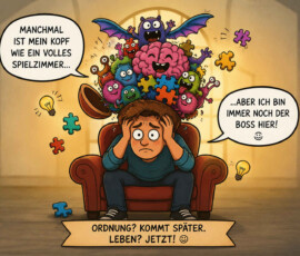 Ein überforderter Mann sitzt in einem Sessel und hält sich mit beiden Händen den Kopf. Über ihm erscheint ein fröhliches Gehirn, das von bunten Monstern, Puzzleteilen und Glühbirnen umgeben ist. Er sagt: „Manchmal ist mein Kopf wie ein volles Spielzimmer … aber ich bin immer noch der Boss hier!“ Der untere Bildtext lautet: „Ordnung? Kommt später. Leben? Jetzt!“