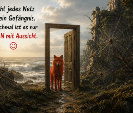 Zwischen alten, von großen Spinnennetzen überzogenen Ruinen steht eine einzelne offene Holztür. Im Türrahmen wartet ein roter Fuchs, dahinter öffnet sich der Blick auf ein helles, bewegtes Meer. Die surreale Szene verbindet Gefangenschaft und Freiheit ohne sichtbare Grenze. Der Text lautet: „Nicht jedes Netz ist ein Gefängnis. Manchmal ist es nur WLAN mit Aussicht.“