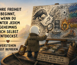 Eine kleine Figur steht mit einer Lupe auf einem Boot und untersucht eine große Tafel voller rätselhafter Zeichnungen, darunter ein Rabe, ein Fragezeichen, Schiffe, Bildschirme und Flammen. Auf der Tafel stehen die Begriffe „Wahrheit“, „Lernen“, „Verstehen“ und „Befreien“, während die Jacke der Figur mit „Lachen“ beschriftet ist. Der Haupttext lautet: „Wahre Freiheit beginnt, wenn du hinter jedem Geheimnis dich selbst entdeckst. Verstehen heißt befreien.“ Auf dem Boot steht außerdem: „Nicht alles, was zerstört wird, ist verloren. Manchmal wird so nur Raum für die Wahrheit geschaffen.“