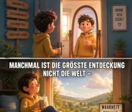 Ein Junge öffnet eine Tür und begegnet dahinter seinem eigenen Spiegelbild. Wegweiser zeigen zu „Geheimnisse“, „Verschwörungen“, „Verlorene Orte“ und „Verbotenes Wissen“, während ein Bild zur Selbsterkenntnis auffordert. Im unteren Teil sitzt der Junge zufrieden mit einer Tasse am Fenster und blickt über eine sonnige Landschaft. Der Text lautet: „Ich dachte, ich suche die Wahrheit. Manchmal ist die größte Entdeckung nicht die Welt – sondern der Mensch, der sie betrachtet“, ergänzt durch „Wahrheit beginnt in dir.“