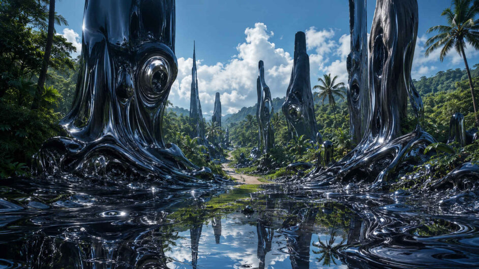 Hochglänzende schwarze Säulen wachsen wie verflüssigte Baumstämme aus einem tropischen Wald. Runde Vertiefungen, Wülste und spiegelnde Ausläufer gehen ohne klare Grenze in den wasserbedeckten Boden über. Zwischen den monumentalen Formen verläuft ein schmaler heller Weg in die Ferne. Palmen, dichter Urwald und weiße Wolken spiegeln sich in den metallischen Oberflächen.
