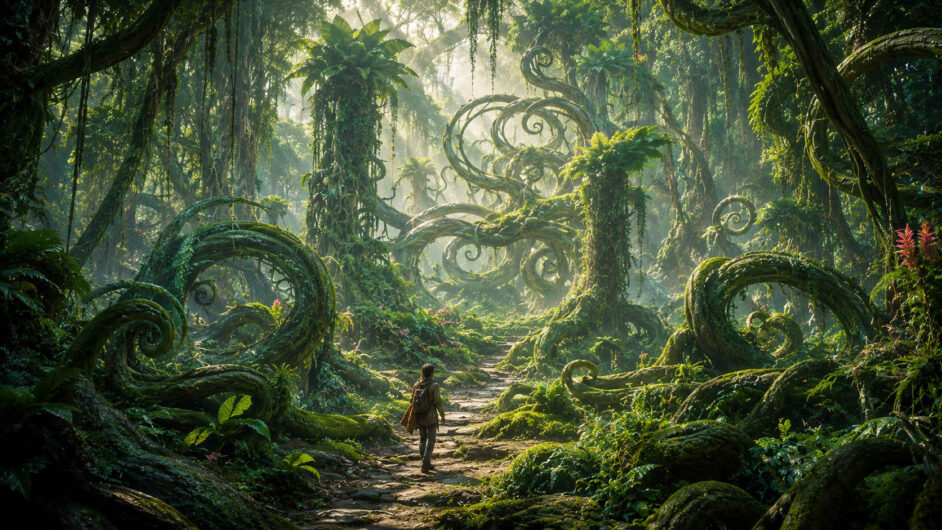 Ein einzelner Wanderer folgt einem schmalen Pfad durch einen üppigen, sonnenbeschienenen Urwald. Riesige Ranken, Äste und Stämme rollen sich überall zu Spiralen und offenen Kreisen ein. Manche Windungen bilden natürliche Tore, andere führen scheinbar in sich selbst zurück. Zwischen dem dichten Grün setzen wenige rote Blüten kleine Farbakzente.