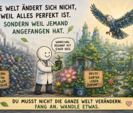 Eine lächelnde Figur im weißen Kittel hält eine junge Pflanze zwischen einem riesigen Berg aus Plastikflaschen und einer grünen, blühenden Stadtlandschaft. Über dem ökologischen Garten fliegt ein Adler, dessen Flügel teilweise aus technischen und wiederverwerteten Bauteilen bestehen. Die Schilder vergleichen „Gestern: Plastik, Problem, ausweglos“ mit „Heute: Garten, Leben, Zukunft“, während die Figur sagt: „Wandlung beginnt mit einer Idee.“ Darüber steht: „Die Welt ändert sich nicht, weil alles perfekt ist. Sondern weil jemand angefangen hat“, und darunter: „Du musst nicht die ganze Welt verändern. Fang an. Wandle etwas.“