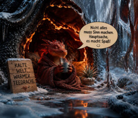 Ein kleiner roter Drache sitzt in eine dicke Decke gehüllt vor einer glühend heißen Höhle. Ringsum liegen Schnee und Eis, während lange Eiszapfen von den Felsen hängen. Der Drache hält zufrieden eine dampfende Tasse und sagt: „Nicht alles muss Sinn machen. Hauptsache, es macht Spaß!“ Ein Holzschild fasst die Szene zusammen: „Kalte Welt. Warmer Teedrache.“