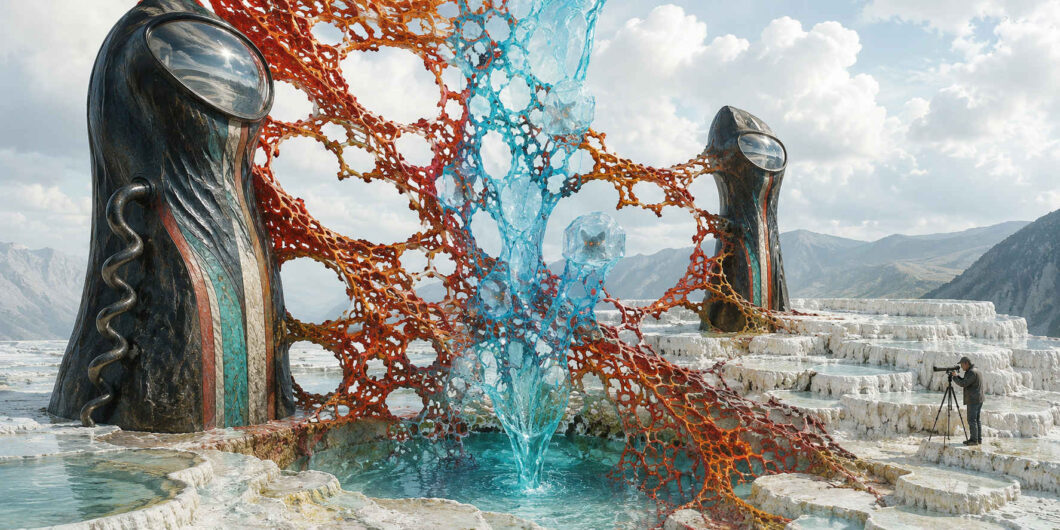 Zwei hohe schwarze Gebilde mit spiegelnden, augenartigen Flächen stehen in einer weißen Terrassenlandschaft und sind durch ein rotes, netzförmiges Gewebe verbunden. Zwischen ihnen erhebt sich eine blaue Wassersäule aus einem türkisfarbenen Becken, in der mehrere Gesichter eingeschlossen scheinen. Ein Fotograf dokumentiert das rätselhafte Ereignis vom Rand aus.