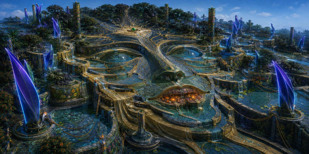 Eine weitläufige Wasserlandschaft bildet das Gesicht eines riesigen Wesens. Seine Augen bestehen aus runden Becken, aus dem geöffneten Mund strömen kleine Wasserfälle. Terrassen, blühende Gärten und blauviolett leuchtende Kristallsegel umgeben das Antlitz, während goldene Adern über seine Stirn zu einer grünen Kugel führen.