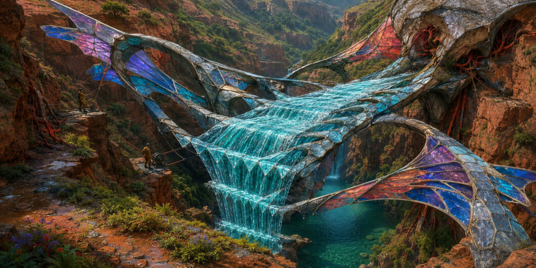 Eine riesige Konstruktion aus türkisfarbenem Glas und metallisch gerahmten Flügeln überspannt eine rote Felsschlucht. Über ihre gestaffelte Mitte stürzt Wasser wie über eine künstliche Kaskade in einen tiefen See. Zwei kleine Arbeiter bedienen auf gegenüberliegenden Vorsprüngen Seile und Maschinen, während rote Wurzeln aus den Felsöffnungen wachsen.