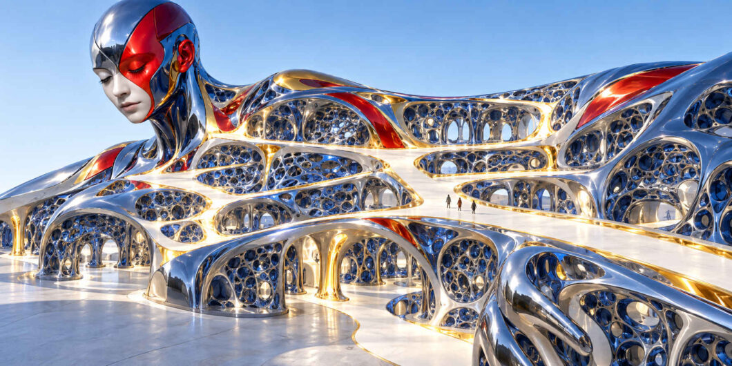 Monumentale futuristische Landschaft aus glänzenden silbernen, blauen und goldenen Strukturen, die zugleich wie Architektur und der Körper einer riesigen humanoiden Gestalt wirken. Zahlreiche organische Bögen, Hohlräume und durchbrochene Wände bilden ein weitläufiges Labyrinth. Drei winzige Menschen gehen über einen hellen erhöhten Weg durch die Anlage. Über allem erhebt sich ein riesiges weibliches Gesicht mit geschlossenen Augen unter klarem blauem Himmel.