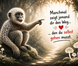 Ein helles, ungewöhnlich gemustertes Äffchen sitzt in einem verwunschenen Wald auf einem moosigen Stein. Mit ausgestrecktem Arm weist es auf einen leuchtenden Weg, der zwischen weißen Pilzen ins Licht führt. Die Umgebung wirkt zugleich geheimnisvoll und freundlich. Der Text lautet: „Manchmal zeigt jemand dir den Weg … den du selbst gehen musst.“