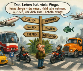 Ein Mann mit Rucksack steht nachdenklich mitten auf einer belebten Straßenkreuzung. Ein Wegweiser zeigt in verschiedene Richtungen zu „Fliegen“, „Träumen“, „Fahren“, „Staunen“, „Treffen“ und „Weitergehen“. Um ihn herum bewegen sich Autos, Motorräder, ein Bus, ein Tankwagen und Flugzeuge, während sogar Fische durch die Luft schweben. Über der Szene steht: „Das Leben hat viele Wege. Keine Sorge – du musst nicht alle nehmen, nur den, der dich zum Lächeln bringt.“