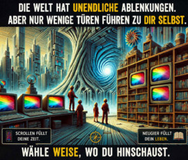 Vier Menschen stehen zwischen alten Computern und hohen Bücherregalen vor einem hellen Portal in einem riesigen Baum. Auf sämtlichen Bildschirmen erscheinen bunte Farbstreifen, während hinter dem Portal eine andere Welt wartet. Über der Szene steht: „Die Welt hat unendliche Ablenkungen. Aber nur wenige Türen führen zu dir selbst.“ Weitere Texte erklären: „Scrollen füllt deine Zeit. Neugier füllt dein Leben.“ und „Wähle weise, wo du hinschaust.“