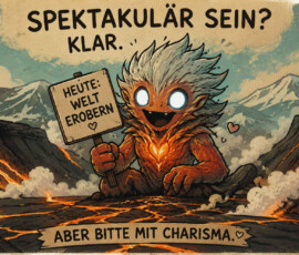 Ein riesiges orangefarbenes Fantasiewesen mit leuchtenden Augen sitzt lächelnd in einer vulkanischen Landschaft. Zwischen Lavaströmen und aufsteigendem Dampf hält es ein Schild mit der Aufschrift: „Heute: Welt erobern.“ Über ihm steht: „Spektakulär sein? Klar.“ Der abschließende Zusatz lautet: „Aber bitte mit Charisma.“
