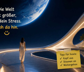 Eine Frau in einem weißen Kleid geht durch eine weite futuristische Anlage aus leuchtenden geschwungenen Bahnen. Über ihr erscheint ein riesiger blauer Planet am dunklen Sternenhimmel. Ein Zettel empfiehlt: „Kopf aus, Staunen an, Weitergehen.“ Der Haupttext lautet: „Die Welt ist größer, als dein Stress. Geh da hin.“
