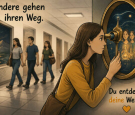 Ein Mädchen blickt in einem Schulflur durch ein Fernrohr, das in eine ovale Öffnung in der Wand eingelassen ist. Dahinter entdeckt es eine kosmische Welt mit mehreren Versionen seiner selbst, die leuchtende Gefäße in den Händen halten. Im Hintergrund gehen andere Schülerinnen und Schüler den Flur entlang. Die Bildtexte lauten: „Andere gehen ihren Weg.“ und „Du entdeckst deine Welten.“