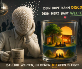 Eine weiß gekleidete Gestalt mit einem Kopf aus zahllosen Perlen sitzt auf einer nächtlichen Feier und stützt nachdenklich das Gesicht in eine Hand. Neben ihr enthält ein großes Glas zwei kleine, friedliche Welten mit Bäumen, Häusern und Menschen im Licht einer tief stehenden Sonne. Der Bildtext lautet: „Dein Kopf kann Disco. Dein Herz baut Welten.“ Darunter steht: „Bau dir Welten, in denen du gern bleibst.“
