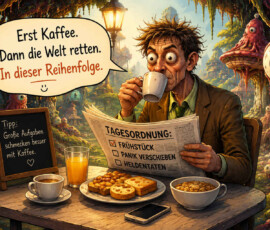 Ein übermüdeter Mann trinkt Kaffee und liest beim Frühstück eine Zeitung, während ihn zahlreiche große Augen aus einer fantastischen Umgebung beobachten. Auf seiner Tagesordnung ist das Frühstück bereits abgehakt; „Panik verschieben“ und „Heldentaten“ stehen noch aus. Er sagt: „Erst Kaffee. Dann die Welt retten. In dieser Reihenfolge.“ Eine Tafel ergänzt: „Große Aufgaben schmecken besser mit Kaffee.“