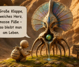Ein kleines steinernes Wesen kniet mit einer Tasse vor einer bizarren lebenden Quelle mit langen Beinen, fächerartigen Flügeln und einer kleinen Erde im Körper. Wasser rinnt aus der Gestalt in das Moos, während der Rucksack des Besuchers die Aufschrift „Wertschätzungsbecher“ trägt. Ein Schild fordert: „Dankbar. Täglich.“ Die Sprechblase lautet: „Große Klappe, weiches Herz, nasse Füße – so bleibt man am Leben.“