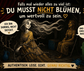 Eine junge Frau sitzt in einem dunklen Bühnenraum, während dornige Äste ihren Körper und ihr goldenes Kleid umgeben. Sie sagt: „Ich bin dornig, nicht defekt.“ Eine zweite, hölzern wirkende Frau antwortet: „Und ich bin einfach da. Auch okay.“ Darüber steht: „Du musst nicht blühen, um wertvoll zu sein“, darunter: „Authentisch. Leise. Echt. Genau richtig.“