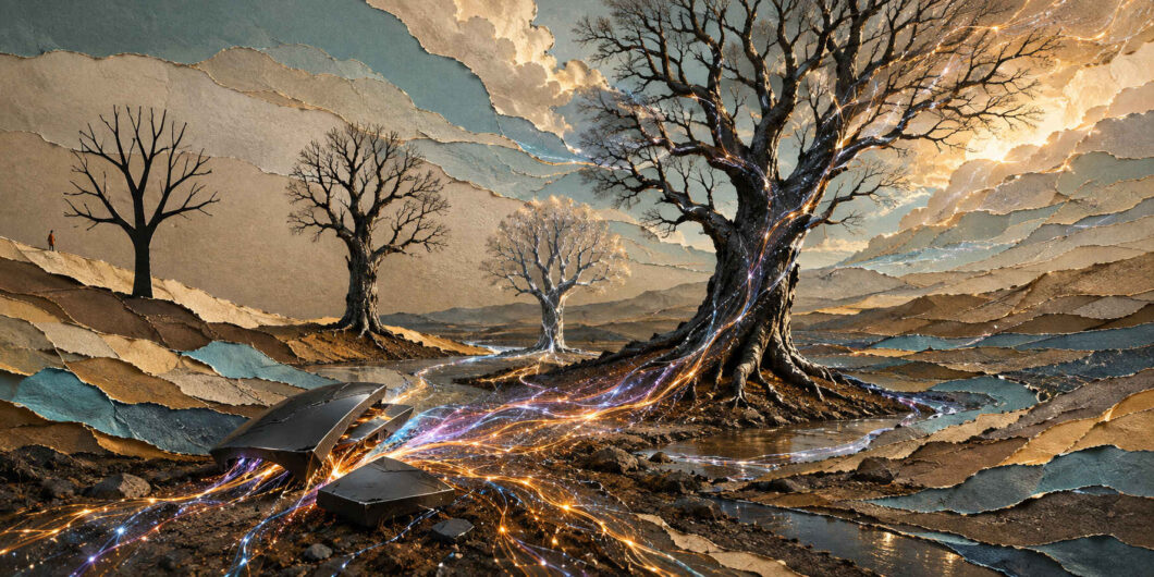 Eine aus übereinandergeschichteten, gerissenen Papierschichten geformte Landschaft wird von kahlen Bäumen durchzogen. Aus schwarzen geometrischen Platten im Vordergrund fließen orange, blaue und violette Lichtadern durch den Boden bis in den mächtigen Baum rechts. Eine winzige Gestalt steht fern am linken Horizont und beobachtet die neu entstandene Tiefe.