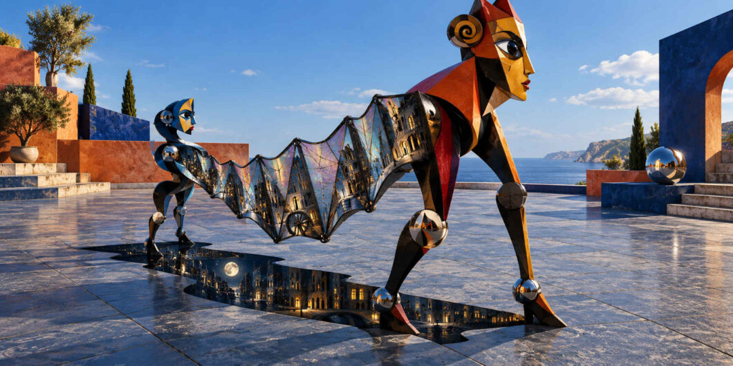 Zwei große geometrisch gestaltete humanoide Figuren schreiten über einen hellen Platz am Meer und tragen zwischen sich eine gefaltete transparente Struktur. In deren Flächen erscheint eine nächtlich beleuchtete Stadt, die sich als dunkler Ausschnitt auch im Boden unter ihnen fortsetzt. Die kantigen Körper der Figuren bestehen aus roten, blauen, schwarzen und goldenen Formen. Mediterrane Architektur, Bäume und das blaue Meer umgeben die ungewöhnliche Prozession.