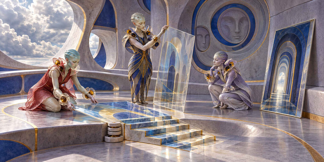 Drei fremdartige humanoide Wesen beschäftigen sich in einem hellen, futuristischen Raum mit transparenten Platten, Treppen und geometrischen Formen. Eine Figur legt eine durchsichtige Platte über eine Bodenstruktur, während eine zweite ein weiteres Element aufrecht hält und die dritte aufmerksam zusieht. Auf den Wänden erscheinen kreisförmig eingefasste Gesichter, daneben lehnt ein Bild mit einer scheinbar endlosen Folge von Durchgängen. Die Szene wirkt wie ein Spiel, bei dem Räume und Wege immer wieder neu zusammengesetzt werden können.