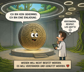 Ein Wissenschaftler betrachtet in einer teilweise von Pflanzen überwucherten Anlage eine riesige goldene Scheibe mit Gesicht und rätselhaften Schriftzeichen. Die Scheibe erklärt: „Ich bin kein Geheimnis. Ich bin eine Einladung.“ Der Mann antwortet in Gedanken: „Verstanden. Respekt. Los geht’s!“ Darunter steht: „Wissen will nicht besitzt werden. Es will verstanden und genutzt werden.“