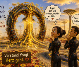 Eine Frau und ein Mann in futuristischen Anzügen stehen vor einem riesigen ringförmigen Gebilde aus einem golden leuchtenden Baum und dunklen Bögen. Die Frau möchte das geheimnisvolle Tor betreten und denkt: „Egal. Ich will sehen, wohin es führt!“ Der skeptische Mann fragt sich dagegen: „Was ist das bitteschön?“ Die Bildtexte antworten: „Wenn’s komisch aussieht, aber sich gut anfühlt …“ und „Verstand fragt. Herz geht.“