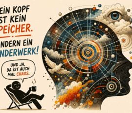 Der Kopf einer schwarzen Silhouette ist mit einem komplexen Geflecht aus Kreisen, Linien, Wolken, Farben, einem Vogel und einem großen Auge gefüllt. Daneben sitzt eine kleine schwarze Figur entspannt im Liegestuhl und hält eine dampfende Tasse. Ihre Sprechblase lautet: „Und ja, da ist auch mal Chaos.“ Darüber steht: „Mein Kopf ist kein Speicher. Sondern ein Wunderwerk!“