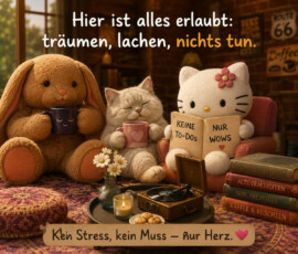 Ein Plüschhase, eine Katze und eine weiße Stoffkatze sitzen gemütlich mit Tassen, Büchern und einem kleinen Plattenspieler beisammen. Die Stoffkatze liest ein Heft mit der Aufschrift: „Keine To-dos. Nur Wows.“ Warmes Tageslicht fällt durch das Fenster in das wohnliche Zimmer. Darüber steht: „Hier ist alles erlaubt: träumen, lachen, nichts tun.“ Die abschließende Botschaft lautet: „Kein Stress, kein Muss – nur Herz.“