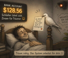 Ein Mann schläft in seinem Bett, während eine weiße Taube auf dem Bettpfosten sitzt. Sie hält ein Schild mit der Aufschrift: „Ein kleiner Hinweis: Dein Leben läuft im Hintergrund.“ Eine Anzeige an der Wand zeigt einen Kontostand und den Satz: „Schlafen lohnt sich. Zinsen für Träumer.“ Unter dem Bild steht: „Träum ruhig. Das System arbeitet für dich.“