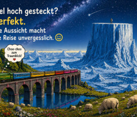 Ein farbenfroher Zug fährt über ein hohes Viadukt aus einer grünen Landschaft in eine gewaltige Eiswelt. Auf einem riesigen abgeflachten Eisberg steht eine winzige Person unter Sternenhimmel und Milchstraße. Im Vordergrund grasen Schafe zwischen Blumen. Der Text lautet: „Ziel hoch gesteckt? Perfekt. Die Aussicht macht die Reise unvergesslich.“ Der Zug denkt: „Choo-choo zum Traumblick!“
