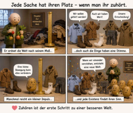 Eine vierteilige Bildergeschichte zeigt eine Figur, die Gemüse und Kleidung mithilfe eines großen Messgerätes ordnen möchte. Hemd, Jacken, Stiefel, Socke und Hose protestieren: „Wir wollen gehört werden!“, „Auch wir haben Wert!“ und „Unsere Entscheidung!“ Eine Kartoffel erklärt: „Eine kleine Bewegung kann alles verändern“, worauf Menschen, Kleidungsstücke und Kartoffeln schließlich gemeinsam feiern. Die Texte führen von „Er ordnet die Welt nach seinem Maß …“ über „… doch auch die Dinge haben eine Stimme“ und „Manchmal reicht ein kleiner Impuls …“ zu „… und jede Existenz findet ihren Sinn.“ Darunter steht: „Zuhören ist der erste Schritt zu einer besseren Welt.“