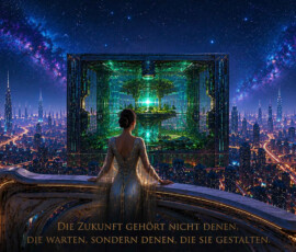 Eine Frau in einem eleganten Kleid steht auf einem hohen Balkon und blickt über eine leuchtende futuristische Stadt bei Nacht. Vor ihr schwebt ein riesiger transparenter Würfel, dessen Inneres mit grünen Pflanzen, technischen Strukturen und hellem Licht erfüllt ist. Schnellstraßen ziehen sich als goldene Linien zwischen zahllosen Hochhäusern hindurch, während farbige Sternenbänder den Himmel überspannen. Am unteren Bildrand steht: „Die Zukunft gehört nicht denen, die warten, sondern denen, die sie gestalten.“