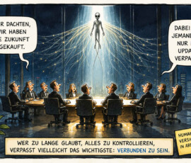 Eine Gruppe von Geschäftsleuten sitzt nachts in einem Konferenzraum und blickt erschrocken zu einem schwebenden Außerirdischen hinauf. Von dessen Körper gehen zahlreiche leuchtende Verbindungslinien aus. Die Sprechblasen lauten: „Wir dachten, wir haben die Zukunft gekauft.“ und „Dabei hat jemand uns nur ein Update verpasst.“ Darunter steht: „Wer zu lange glaubt, alles zu kontrollieren, verpasst vielleicht das Wichtigste: verbunden zu sein.“