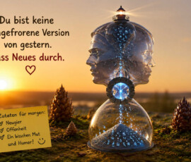 Eine gläserne Sanduhr trägt mehrere transparente Gesichter und einen kleinen leuchtenden Leuchtturm. Blaue Zeichen rieseln durch ihre Mitte in den unteren Kolben und bilden dort einen wachsenden Berg. Ein Zettel nennt als Zutaten für morgen: Neugier, Offenheit, ein bisschen Mut und Humor. Die Botschaft lautet: „Du bist keine eingefrorene Version von gestern. Lass Neues durch.“