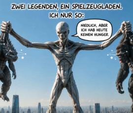 Eine riesiges Monster hält Godzilla und King Kong an beiden Armen ausgestreckt den Händen in die Höhe. Beide hängen benommen über einer modernen Stadt und werden von kleinen Sternen und kreisenden Linien umgeben. Die Gestalt kommentiert: „Ich nur so: Niedlich, aber ich hab heute keinen Hunger.“ Darüber steht: „Zwei Legenden, ein Spielzeugladen.“