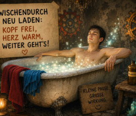 Ein junger Mann entspannt mit geschlossenen Augen in einer alten Badewanne voller leuchtender Blasen. Um ihn stehen Kerze, Kristalle, eine Flasche mit der Aufschrift „Treibstoff“ und eine Tasse, auf der „Du bist wichtig“ steht. Ein Holzschild verspricht: „Kleine Pause. Große Wirkung.“ Darüber lautet die Botschaft: „Zwischendurch neu laden: Kopf frei, Herz warm, weiter geht’s!“